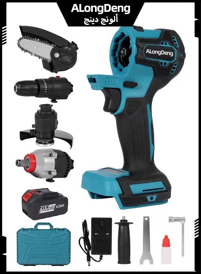 ALongDeng 21V Cordless Power Tool Set 4-in-1 Electric Tool Kit with 4-Inch Chainsaw Impact Drill Angle Grinder Dual-Purpose Wrench 4.0Ah Li-Ion Batteries & Storage Case for Home Garden DIY - Image 1